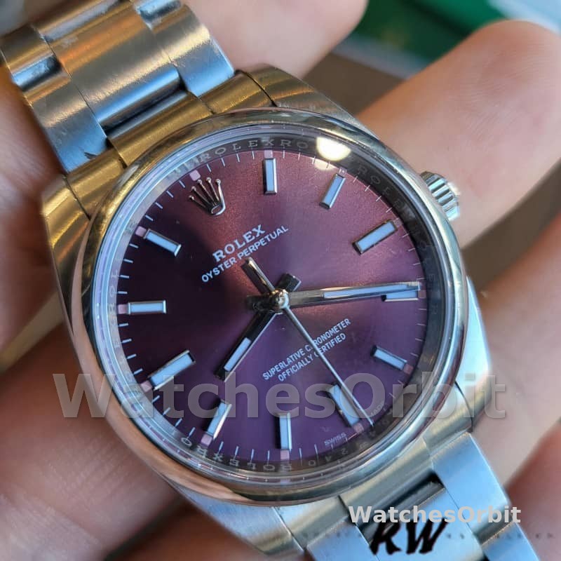 Rolex Oyster Perpetual Air-King 114200 Grape Red Index Dial 34mm Unisex Replica watch