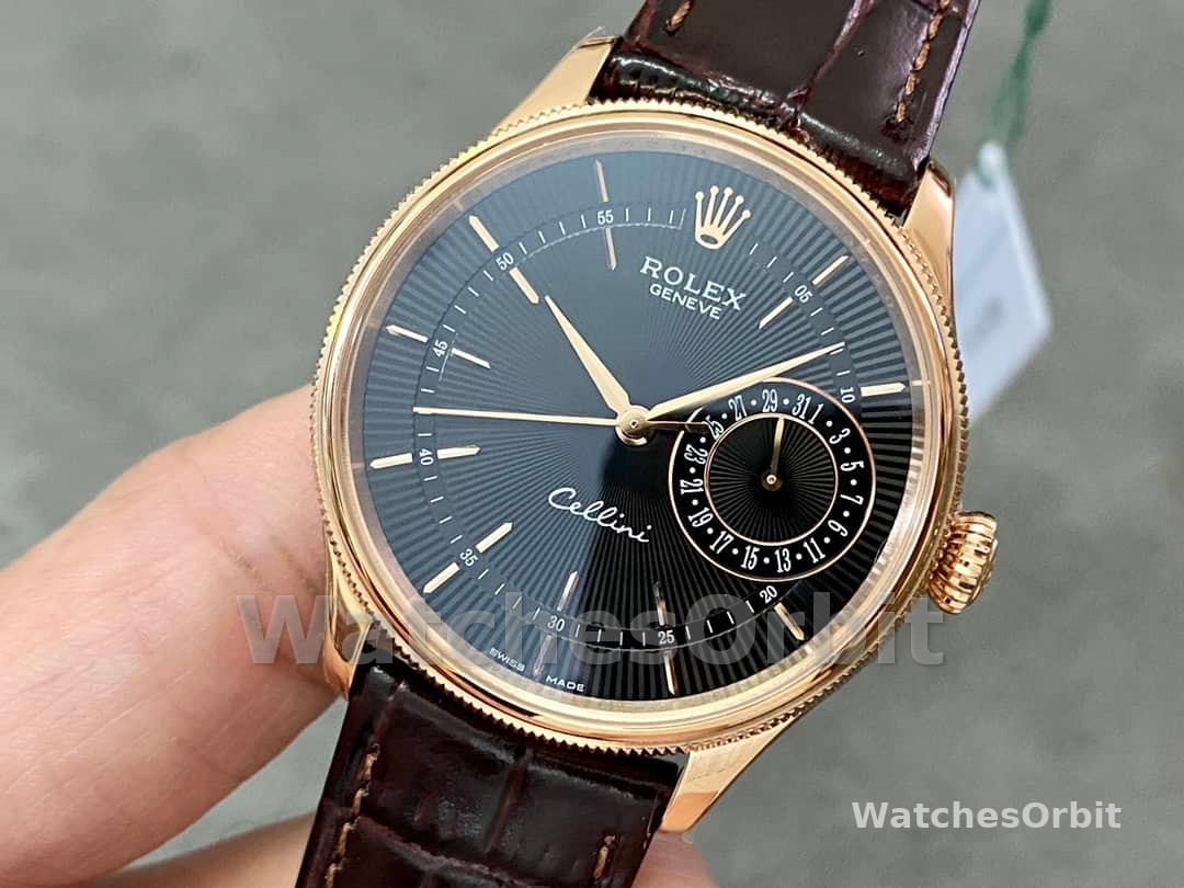 Rolex Cellini Date 50515 Brown Leather Black Index Dial 39mm Mens Replica Watch