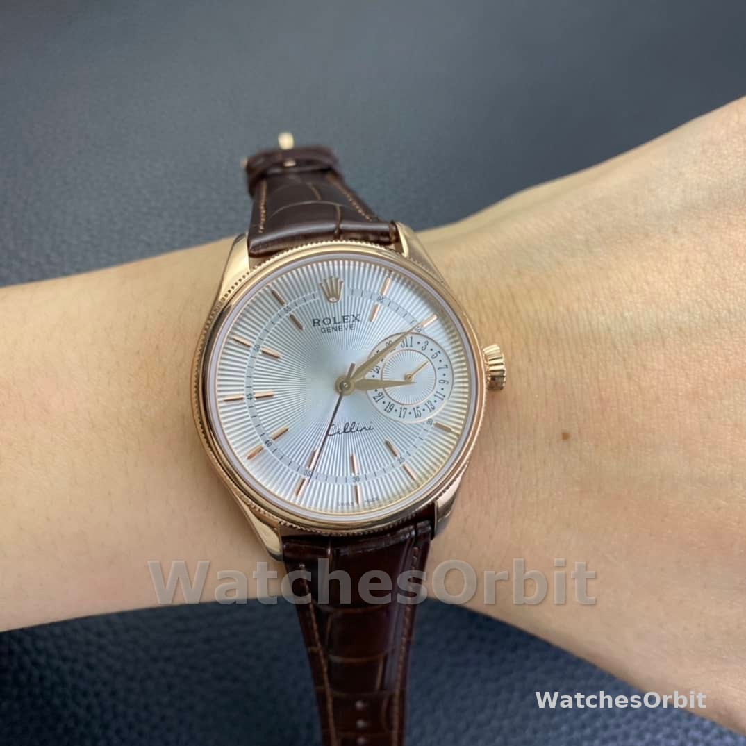 Rolex Cellini Date Rose Gold Silver Crocodile Leather Strap 50515 39mm Mens Replica Watch