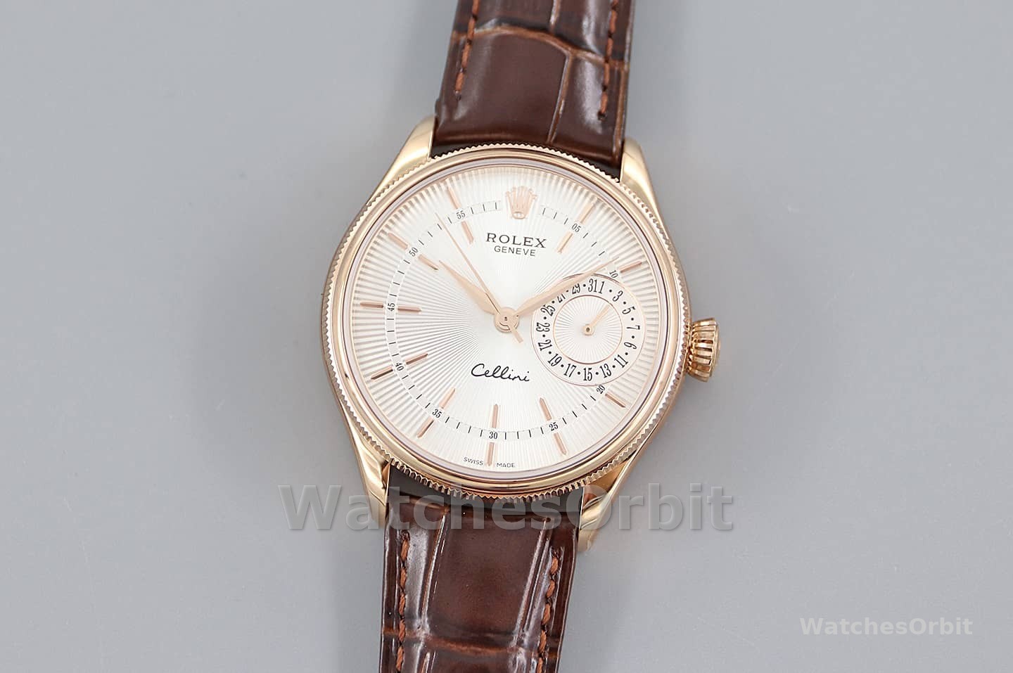 Rolex Cellini Date Rose Gold Silver Crocodile Leather Strap 50515 39mm Mens Replica Watch