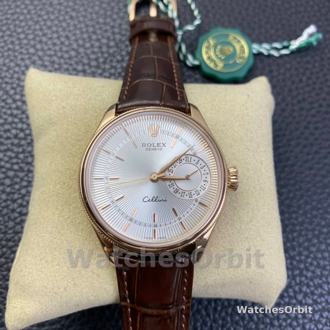 Rolex Cellini Date Rose Gold Silver Crocodile Leather Strap 50515 39mm Mens Replica Watch