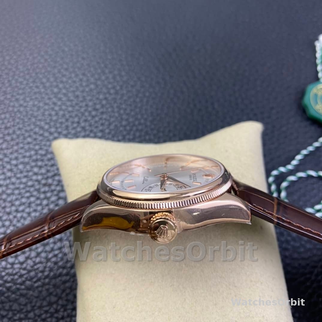 Rolex Cellini Date Rose Gold Silver Crocodile Leather Strap 50515 39mm Mens Replica Watch