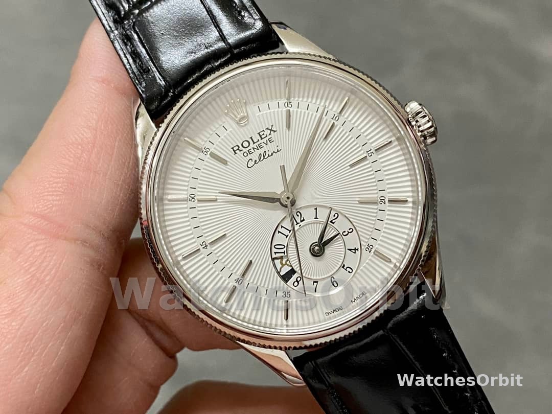 Rolex Cellini Dual Time 50529 Silver Sunburst Dial Black Leather Strap 39mm Mens Replica Watch