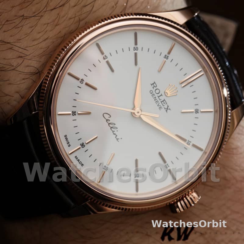 Rolex Cellini Time 50505 Black Leather Strap White Dial 39mm Mens Replica Watch