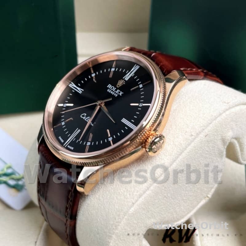 Rolex Cellini Time 50505 Brown Leather Strap Black Dial 39mm Mens Replica Watch