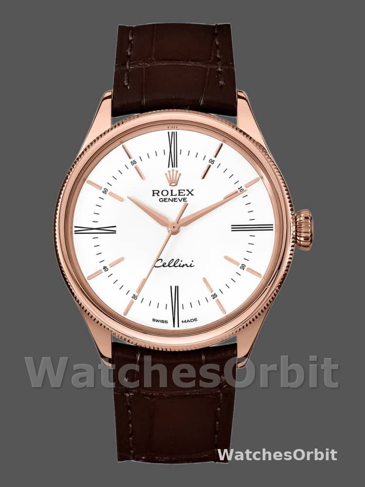 Rolex Cellini Time 50505 Brown Leather Strap White Dial 39mm Mens Replica Watch