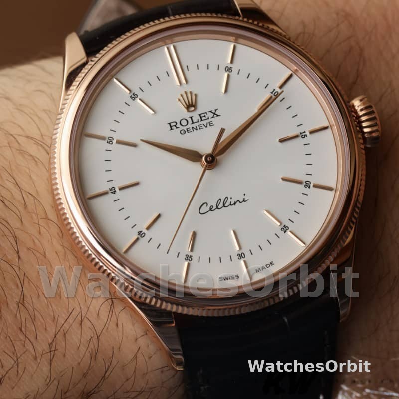 Rolex Cellini Time 50505 Brown Leather Strap White Dial 39mm Mens Replica Watch