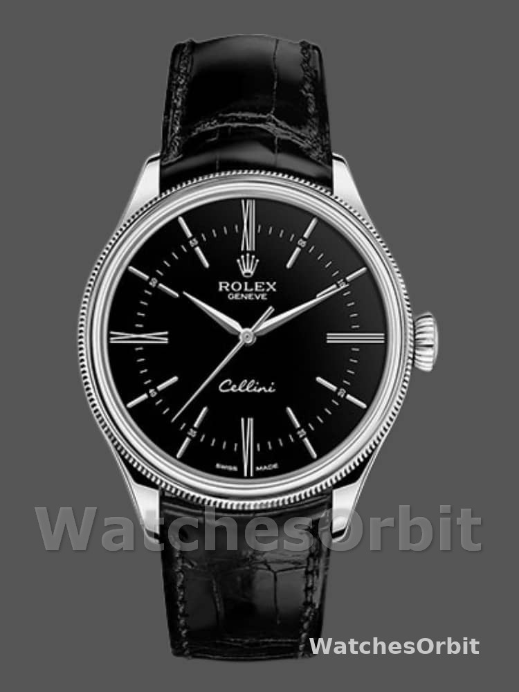 Rolex Cellini Time 50509 Black Leather Strap Black Dial 39mm Mens Replica Watch