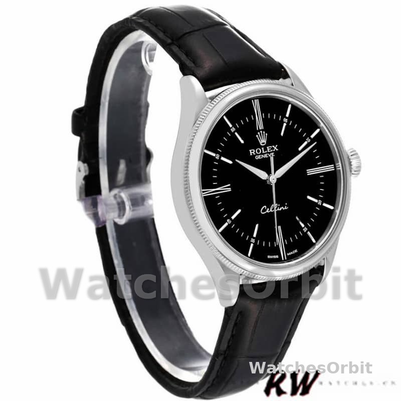 Rolex Cellini Time 50509 Black Leather Strap Black Dial 39mm Mens Replica Watch