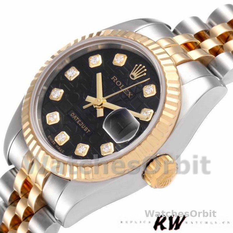 Rolex Datejust 179173 Jubilee Black Diamond Dial Fluted Bezel 26MM Lady Replica Watch