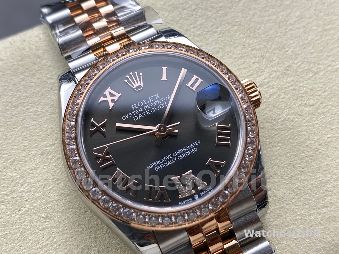 Rolex Datejust Lady 31 Rose Gold Steel Slate Roman Diamond VI Dial & Diamond Bezel Jubilee Bracelet 278381RBR