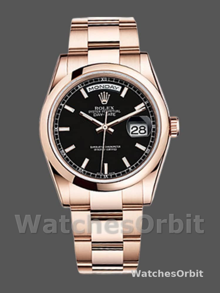Rolex Day Date 118205 Black Dial Rose Gold 36mm Unisex Replica Watch