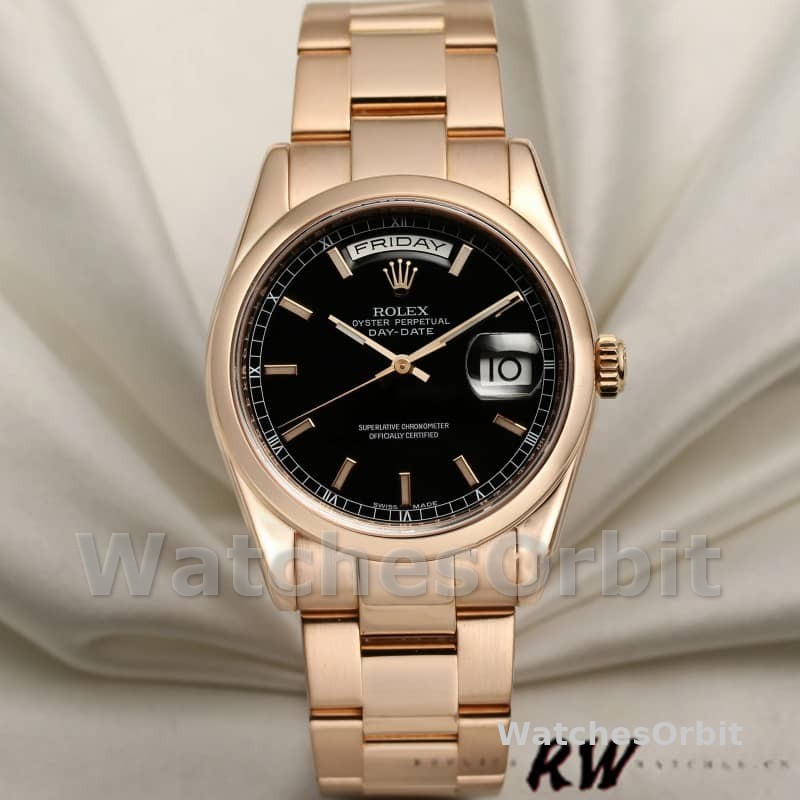 Rolex Day Date 118205 Black Dial Rose Gold 36mm Unisex Replica Watch