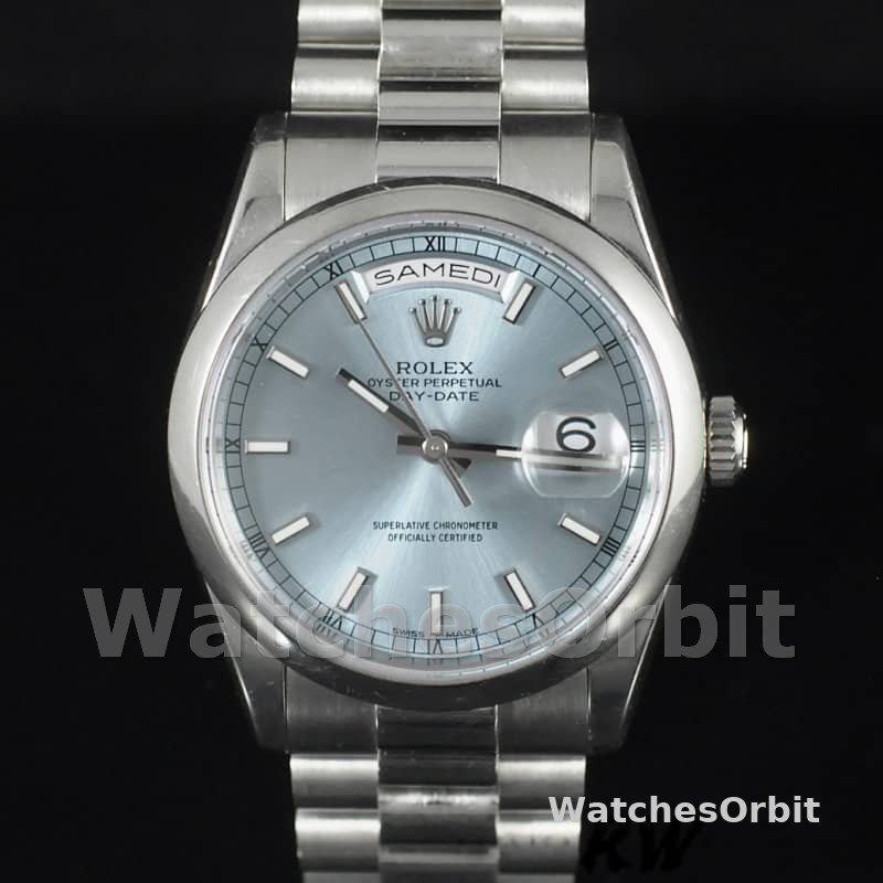 Rolex Day-Date 118206 Ice Blue Dial Polished Platinum Bezel 36mm Unisex Replica Watch