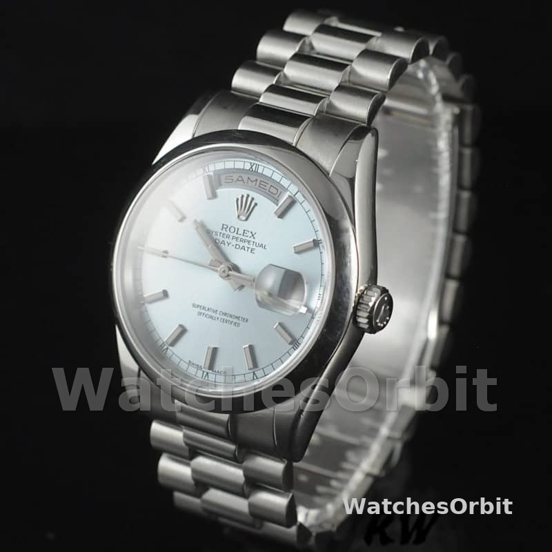 Rolex Day-Date 118206 Ice Blue Dial Polished Platinum Bezel 36mm Unisex Replica Watch