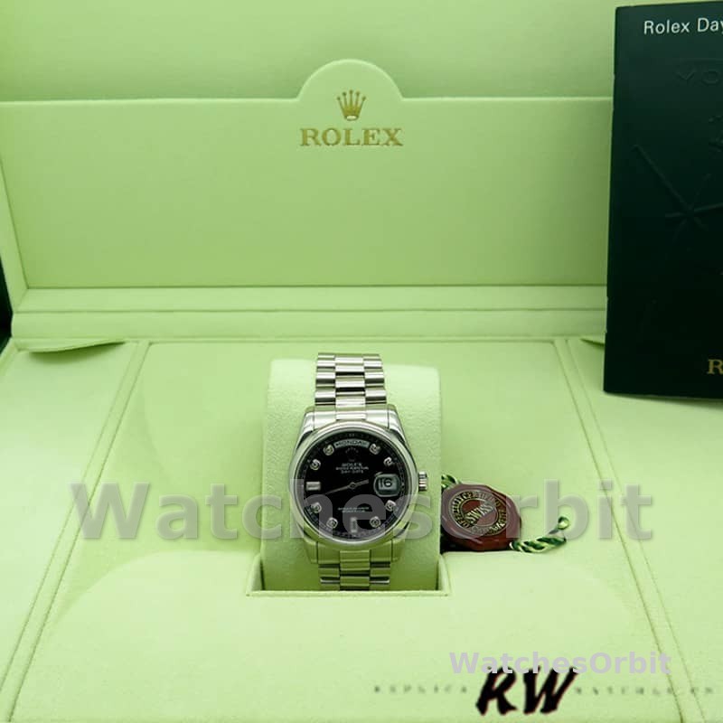 Rolex Day Date 118206 Platinum Black Diamond Dial 36mm Unisex Replica Watch