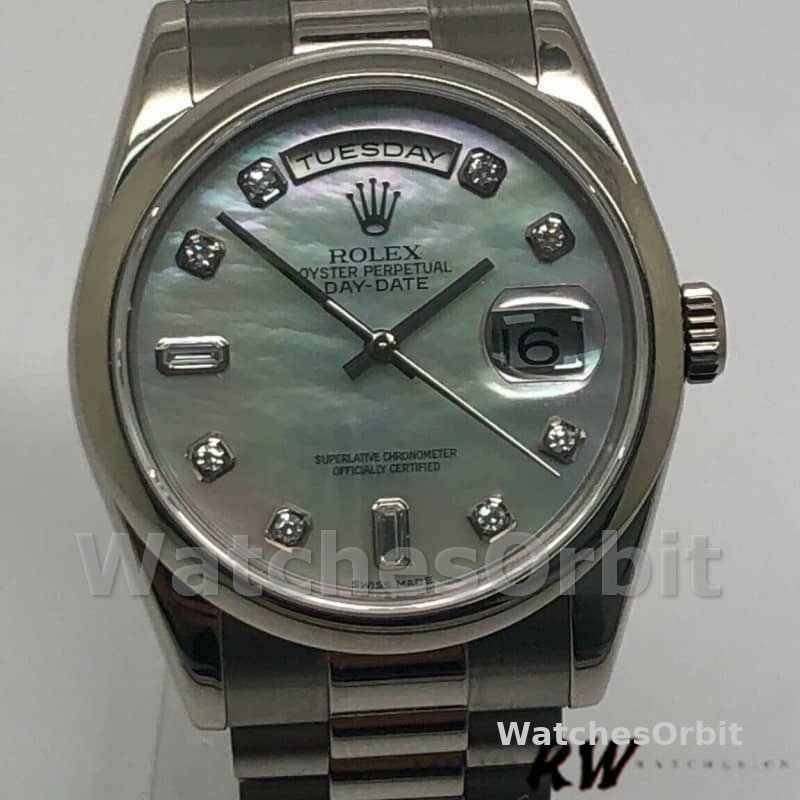 Rolex Day-Date 118206 Platinum White Mother of Pearl Diamond Dial 36mm Unisex Replica Watch