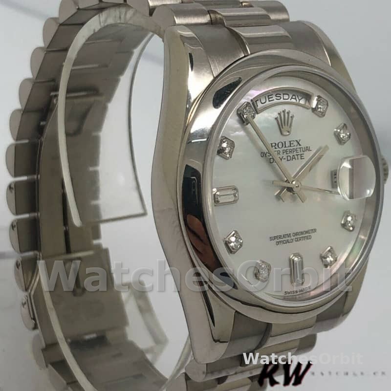 Rolex Day-Date 118206 Platinum White Mother of Pearl Diamond Dial 36mm Unisex Replica Watch