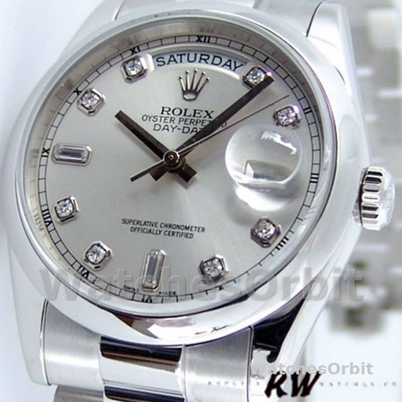 Rolex Day-Date 118206 Silver Diamond Dial Platinum 36mm Unisex Replica Watch