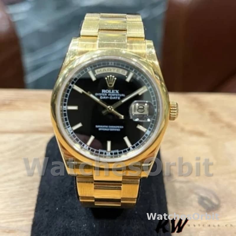Rolex Day-Date 118208 Black Arab Dial Yellow Gold 36mm Unisex Replica Watch