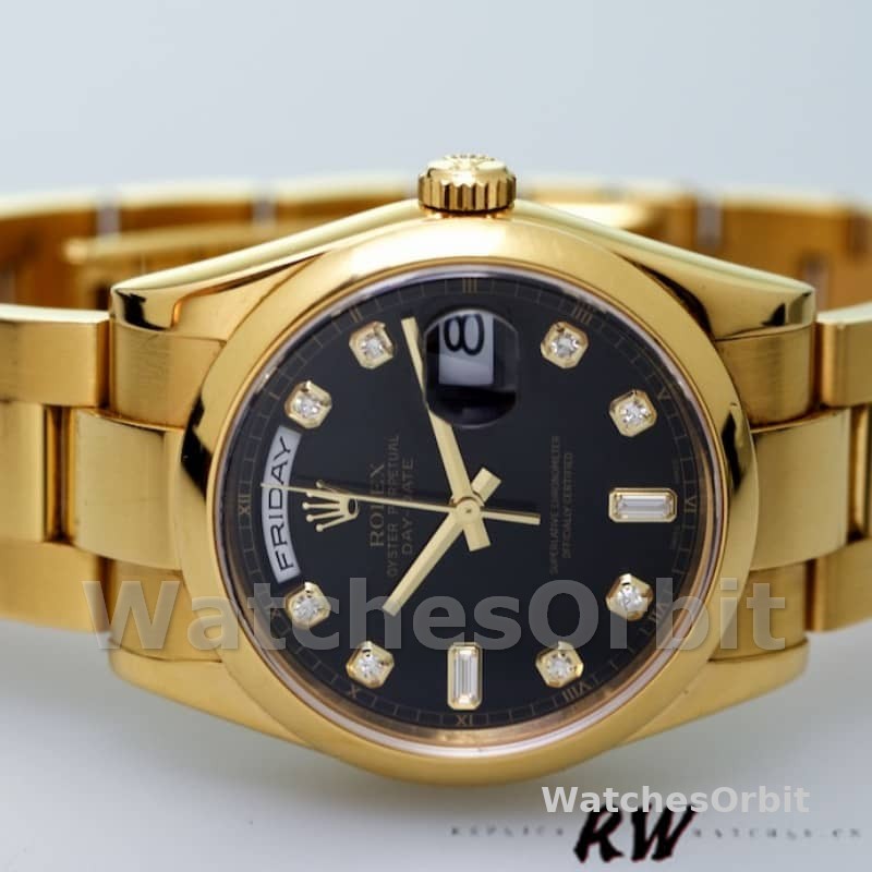 Rolex Day-Date 118208 Black Diamond Dial Yellow Gold 36mm Unisex Replica Watch