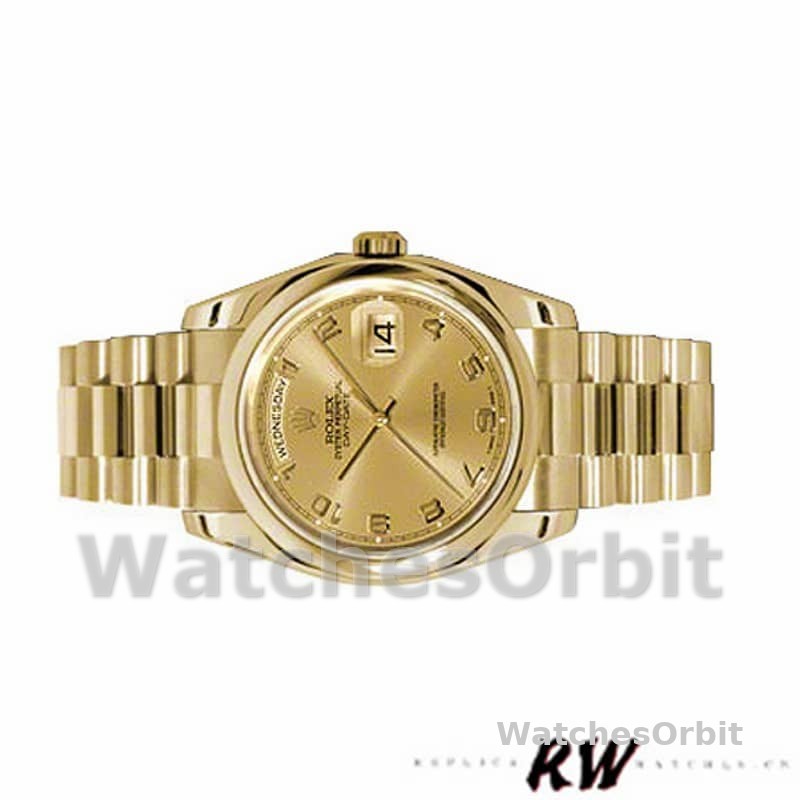Rolex Day-Date 118208 champagne dial Arabic Numeral Hour Markers yellow gold 36mm Unisex Replica Watch