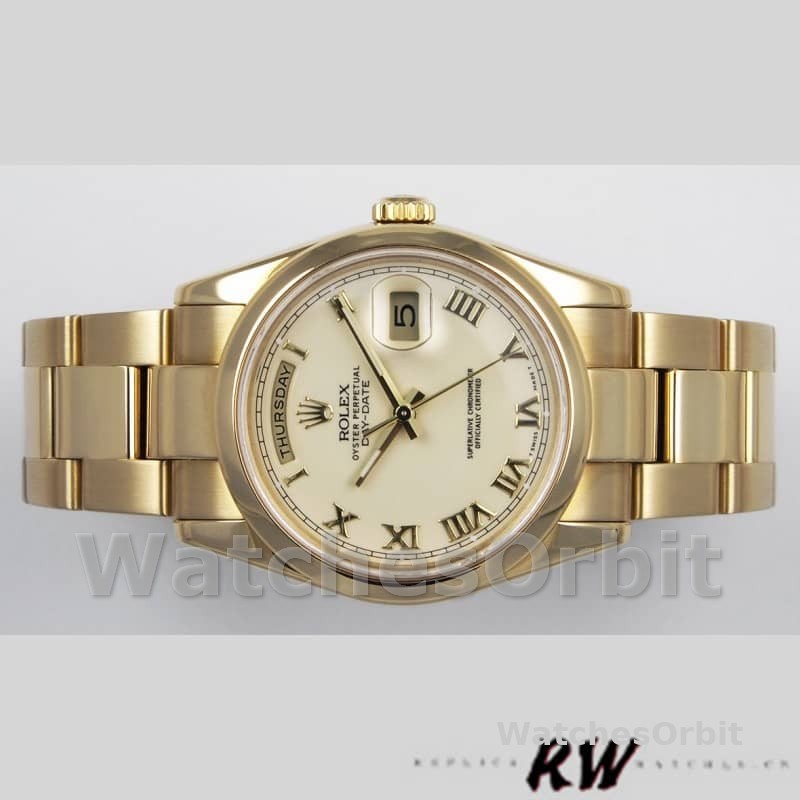 Rolex Day-Date 118208 Roman Numeral Pyramid Ivory Dial 36mm Unisex Replica Watch
