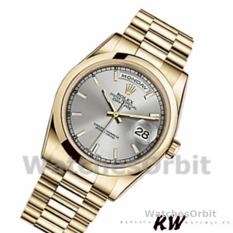 Rolex Day-Date 118208 Silver Dial Domed Bezel 36mm Unisex Replica Watch