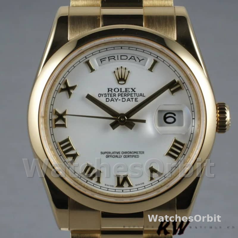 Rolex Day-Date 118208 White Roman Dial Roman Numerals 36mm Unisex Replica Watch