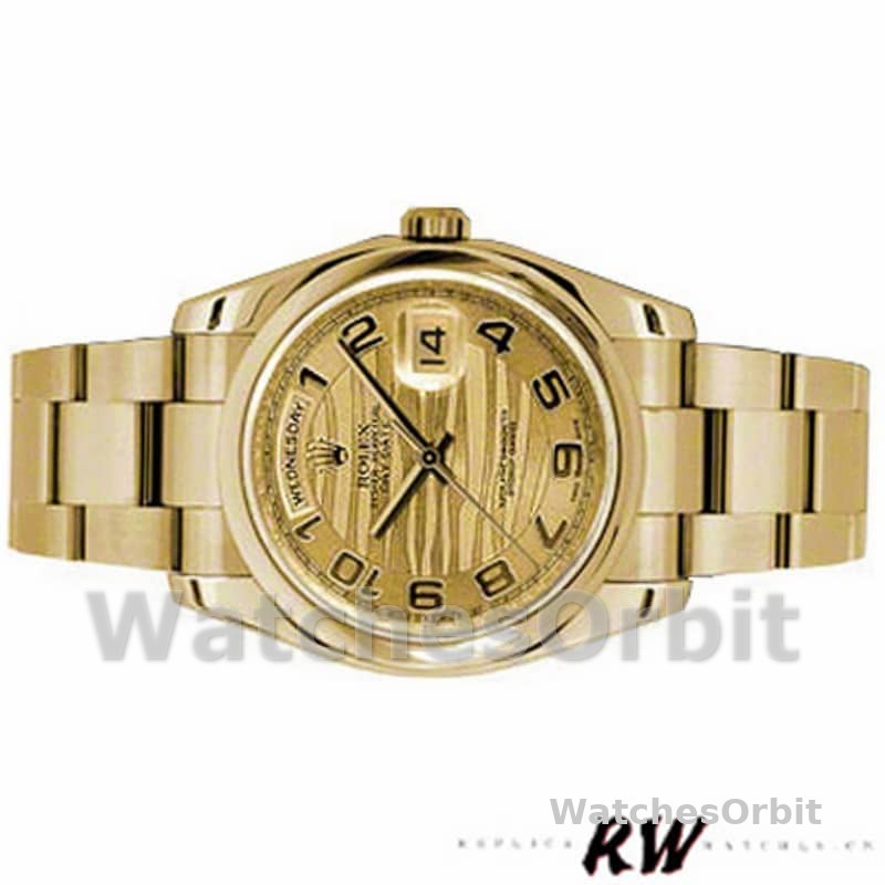 Rolex Day-Date 118208 Yellow Gold Arabic Numeral Wave Champagne Dial 36mm Unisex Replica Watch