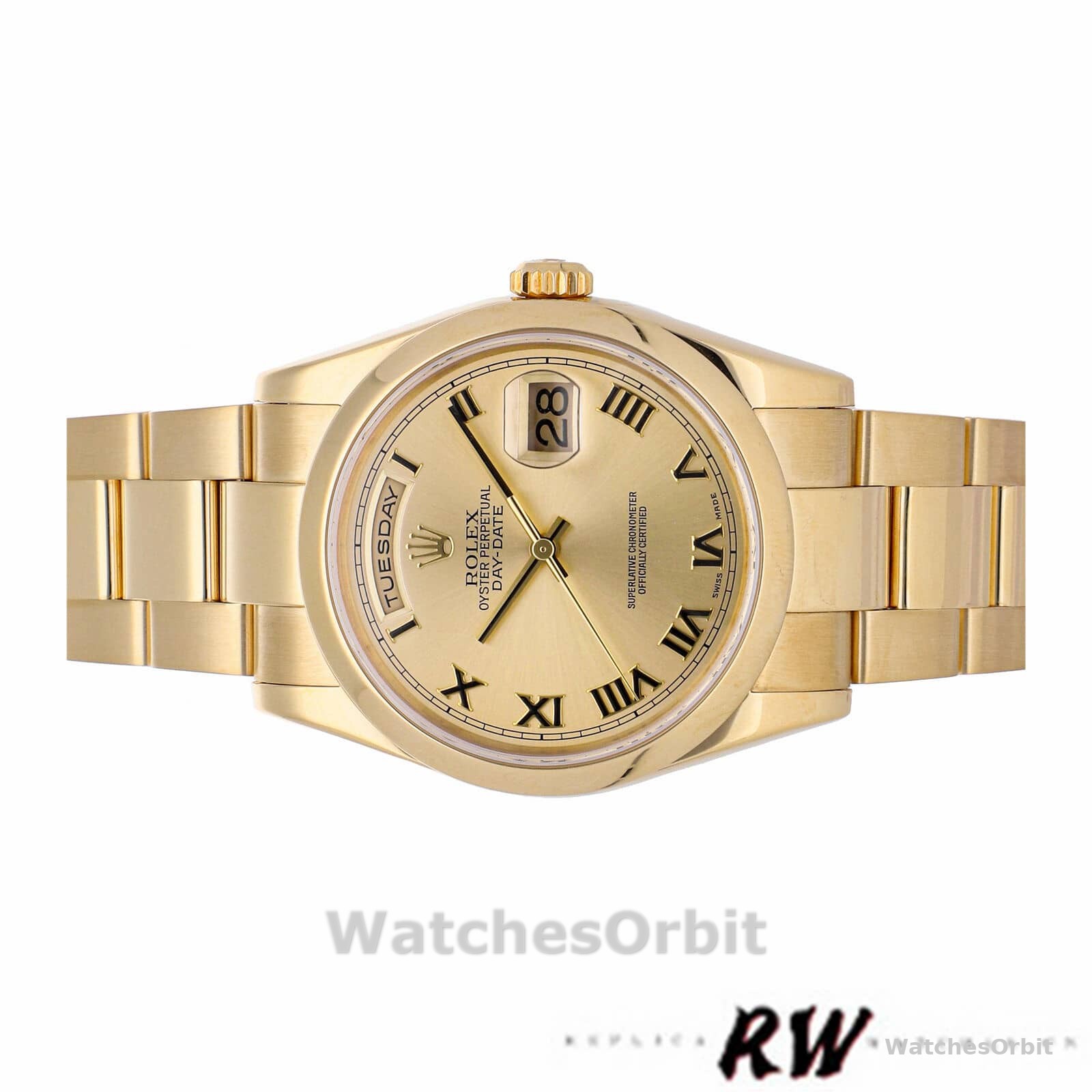 Rolex Day-Date 118208 Yellow Gold Champagne Dial Roman Numerals 36mm Unisex Replica Watch