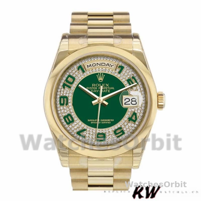 Rolex Day-Date 118208 Yellow Gold Green Diamond Paved Arabic Dial 36mm Unisex Replica Watch