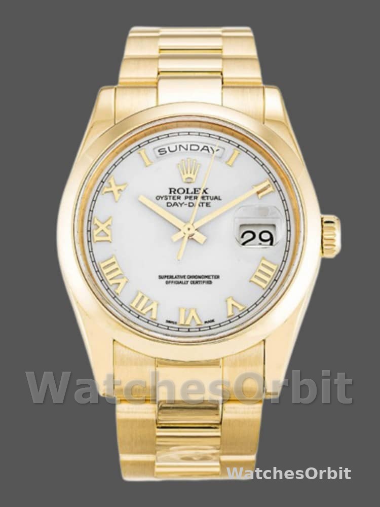 Rolex Day-Date 118208 Yellow Gold White Dial Roman Numeral 36mm Unisex Replica Watch