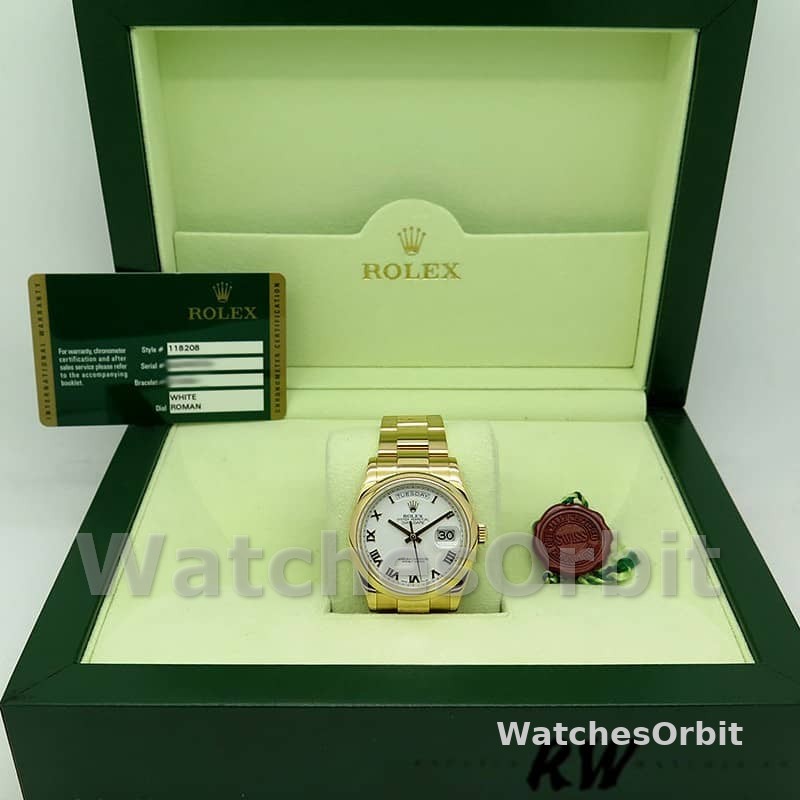 Rolex Day-Date 118208 Yellow Gold White Dial Roman Numeral 36mm Unisex Replica Watch
