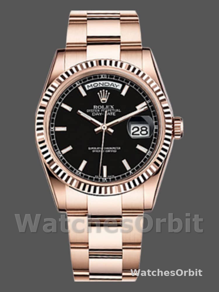Rolex Day-Date 118235 Black Dial Fluted Bezel 36mm Unisex Replica Watch