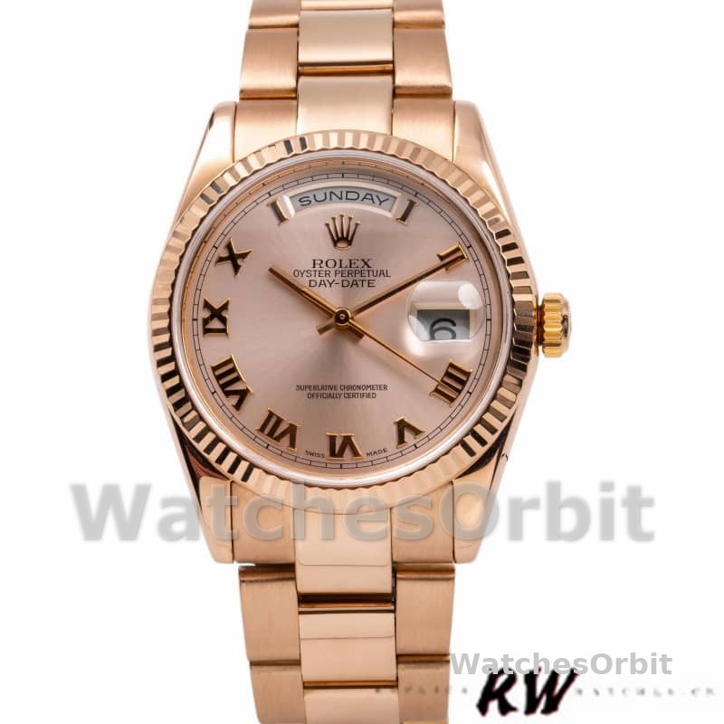 Rolex Day-Date 118235 Pink Roman Numeral dial Fluted Bezel 36mm Lady Replica Watch