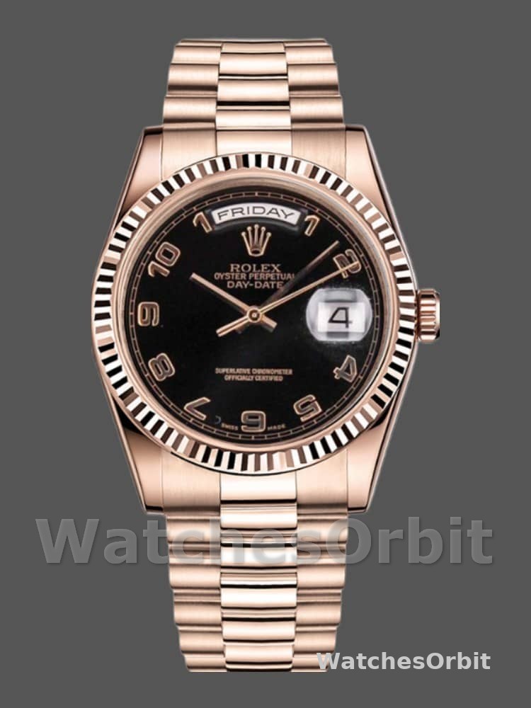Rolex Day-Date 118235 Rose Gold Black Arabic Dial 36mm Unisex Replica Watch