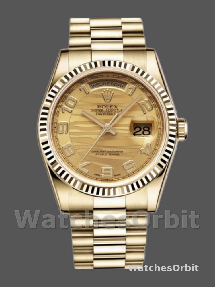 Rolex Day-Date 118238 Arabic Numeral Wave Champagne Dial Yellow gold 36mm Unisex Replica Watch