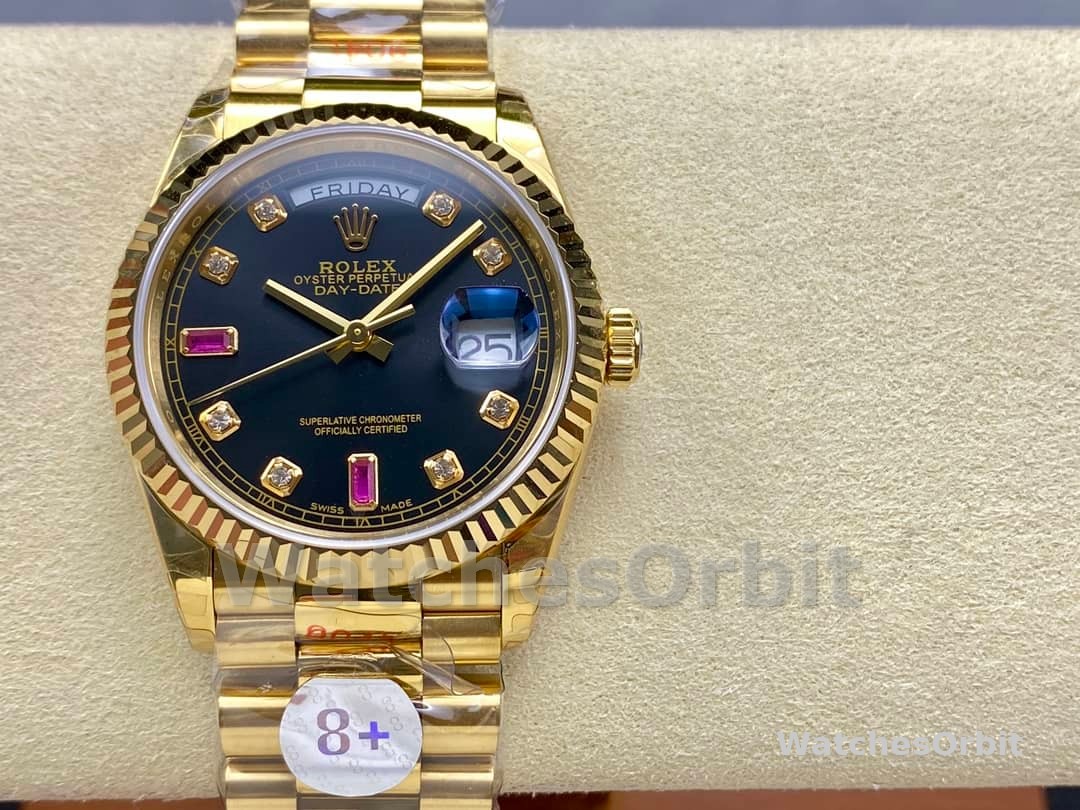 Rolex Day Date 118238 Black Diamond Dial Fluted Bezel 36mm Mens Replica Watch