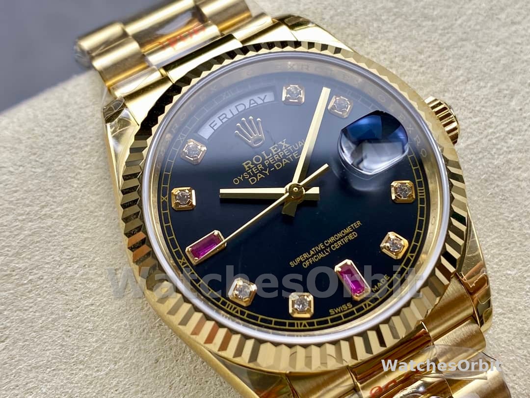 Rolex Day Date 118238 Black Diamond Dial Fluted Bezel 36mm Mens Replica Watch
