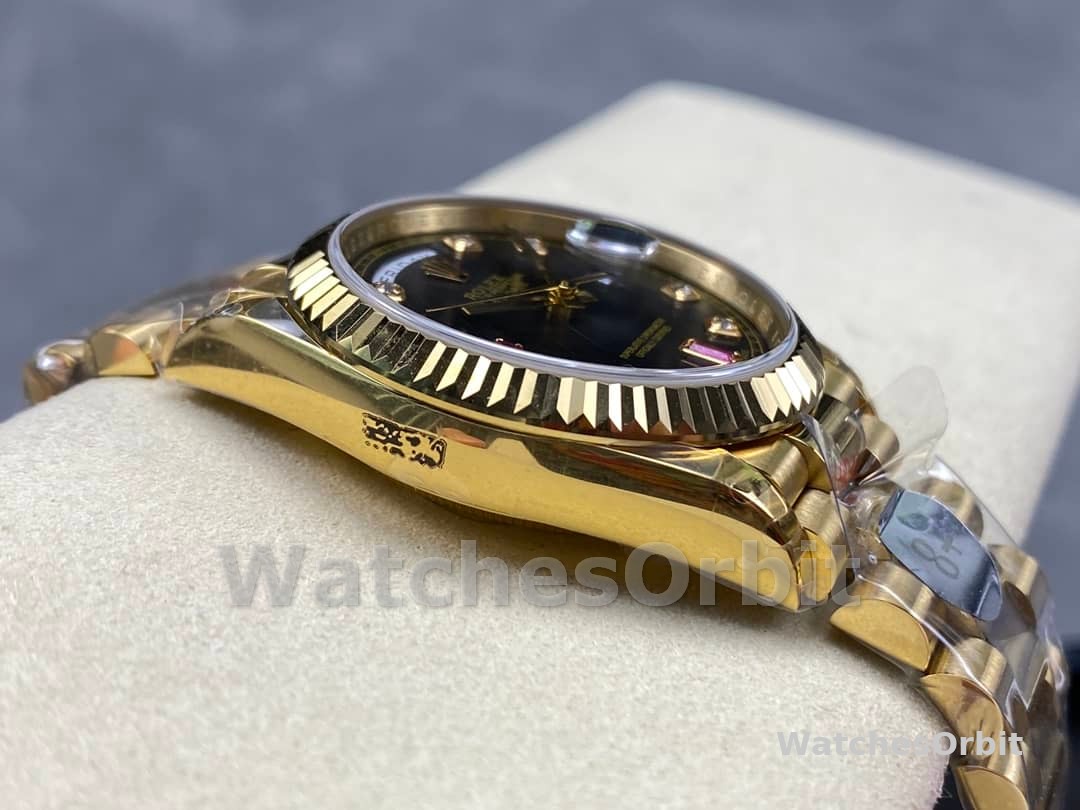 Rolex Day Date 118238 Black Diamond Dial Fluted Bezel 36mm Mens Replica Watch