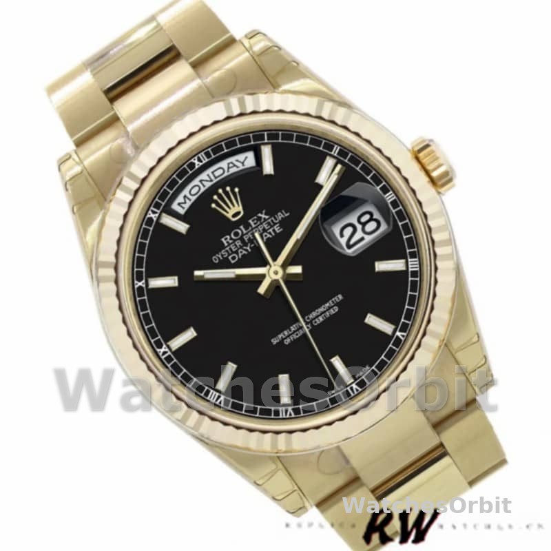 Rolex Day Date 118238 Yellow Gold Black Dial Stainless Steel 36mm Mens Replica Watch