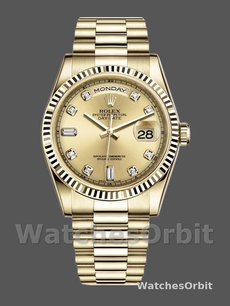 Rolex Day-Date 118238 Yellow Gold Diamond Champagne Dial 36mm Unisex Replica Watch