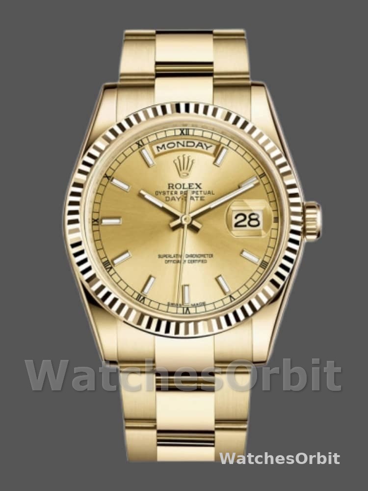 Rolex Day-Date 118238 Yellow Gold Fluted Bezel Champagne Dial 36mm Unisex Replica Watch