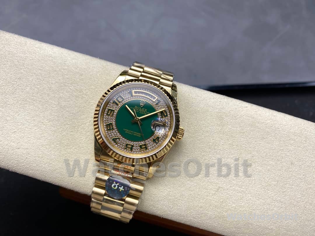 Rolex Day-Date 118238 Yellow Gold Green Diamond Pave Dial 36mm Unisex Replica Watch