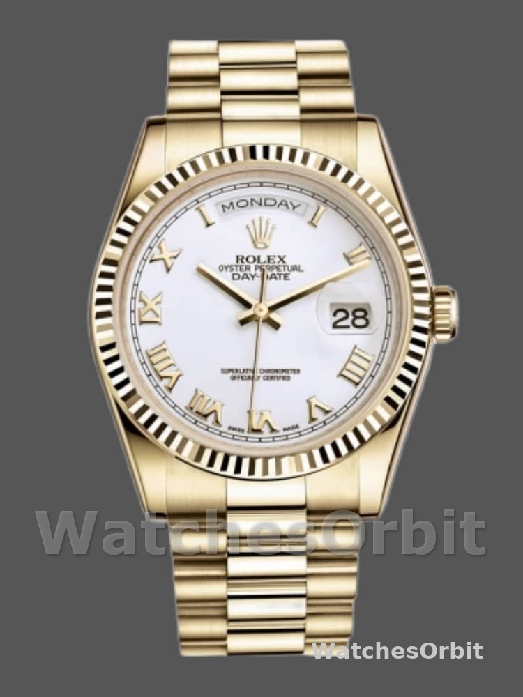 Rolex Day-Date 118238 Yellow Gold White dial Fluted Bezel 36mm Unisex Replica Watch
