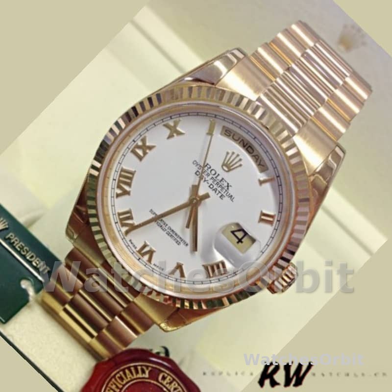 Rolex Day-Date 118238 Yellow Gold White dial Fluted Bezel 36mm Unisex Replica Watch
