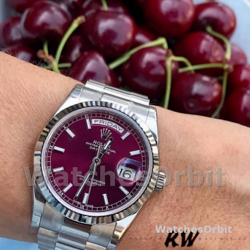 Rolex Day-Date 118239 Cherry Red Dial Fluted Bezel 36mm Lady Replica Watch