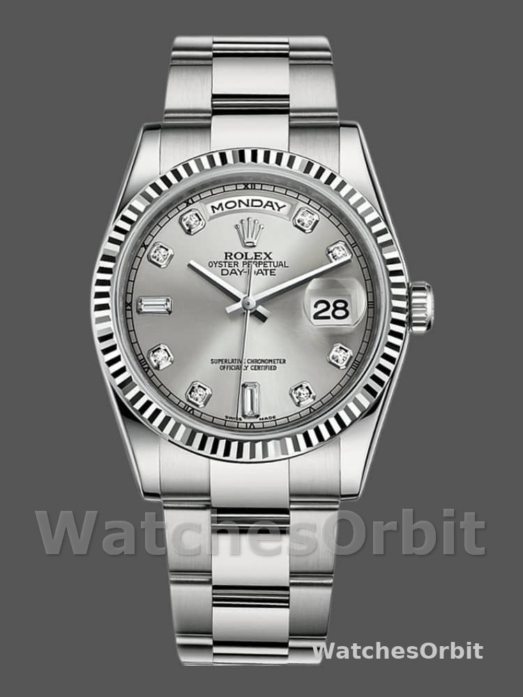 Rolex Day-Date 118239 Silver Diamond Dial fluted bezel 36mm Unisex Replica Watch