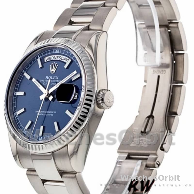 Rolex Day-Date 118239 White Gold Blue Dial Fluted Bezel 36mm Unisex Replica Watch